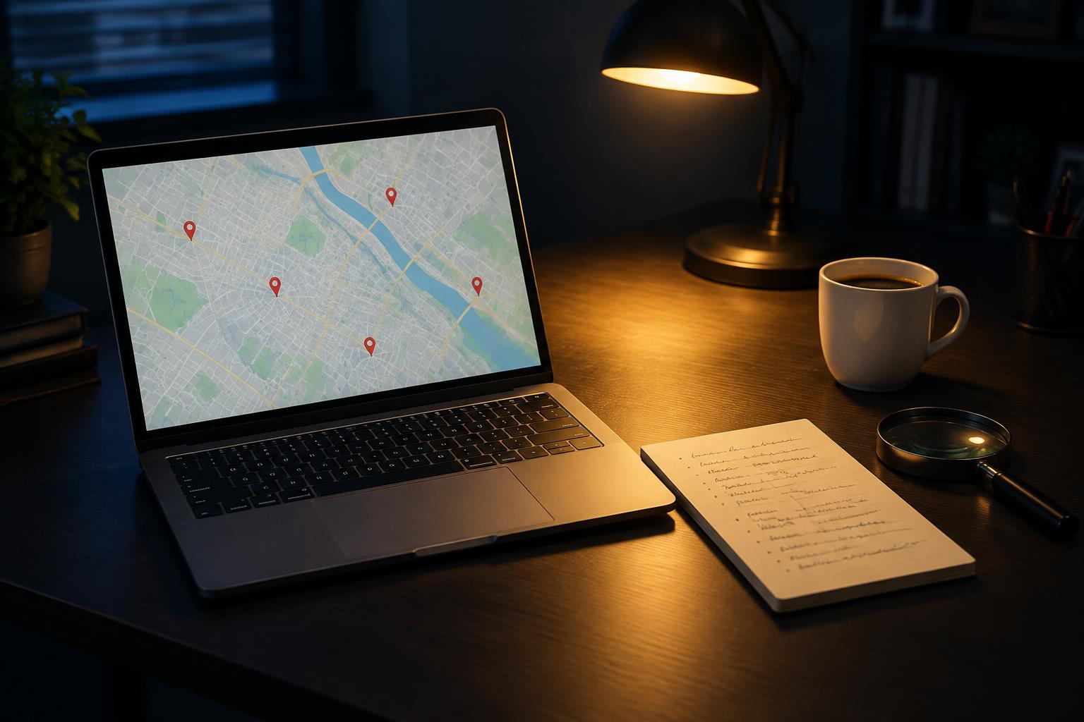 A laptop showing a city map on a desk beside a notepad and a magnifying glass