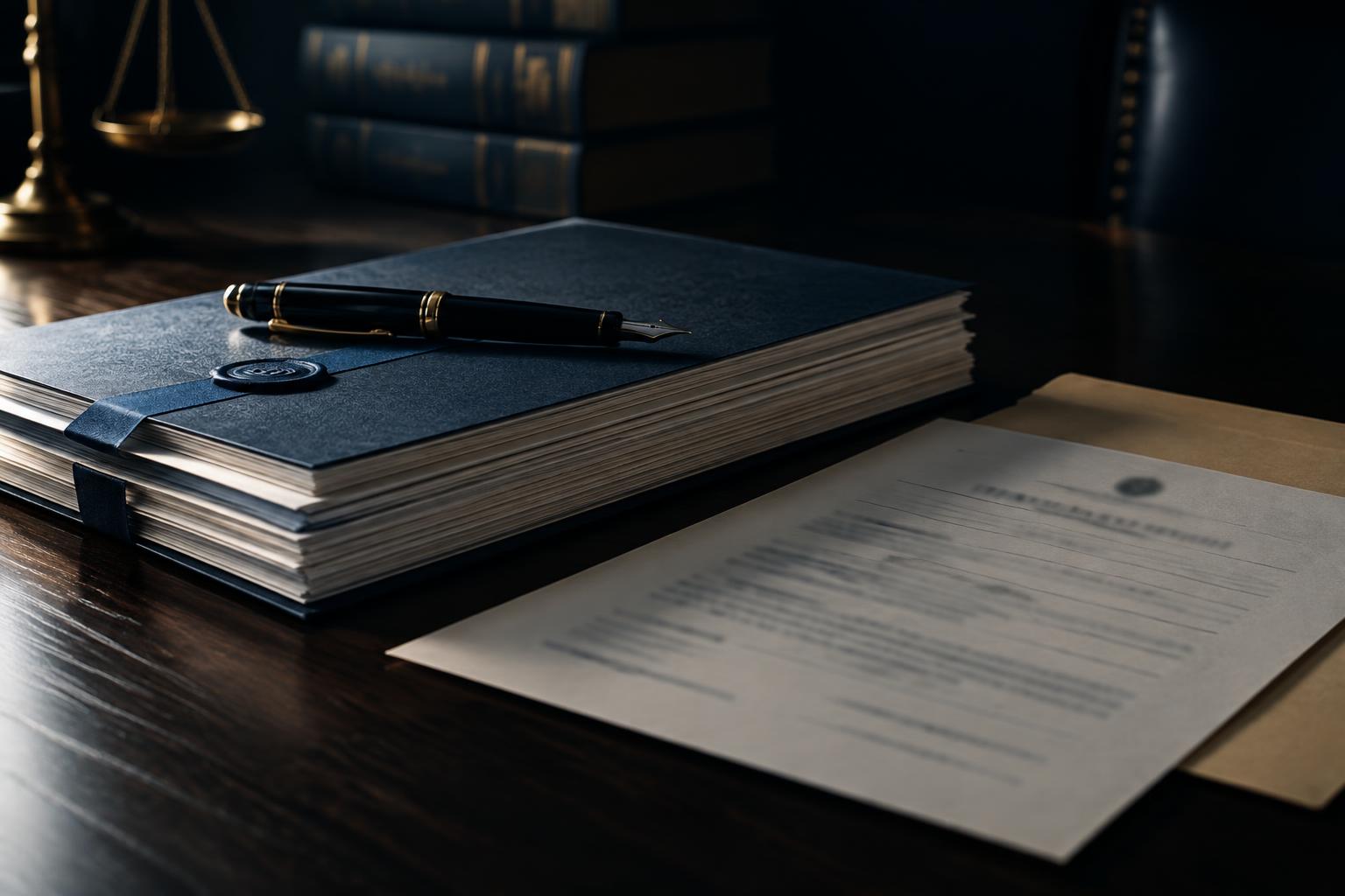 Court documents and a fountain pen on a dark desk